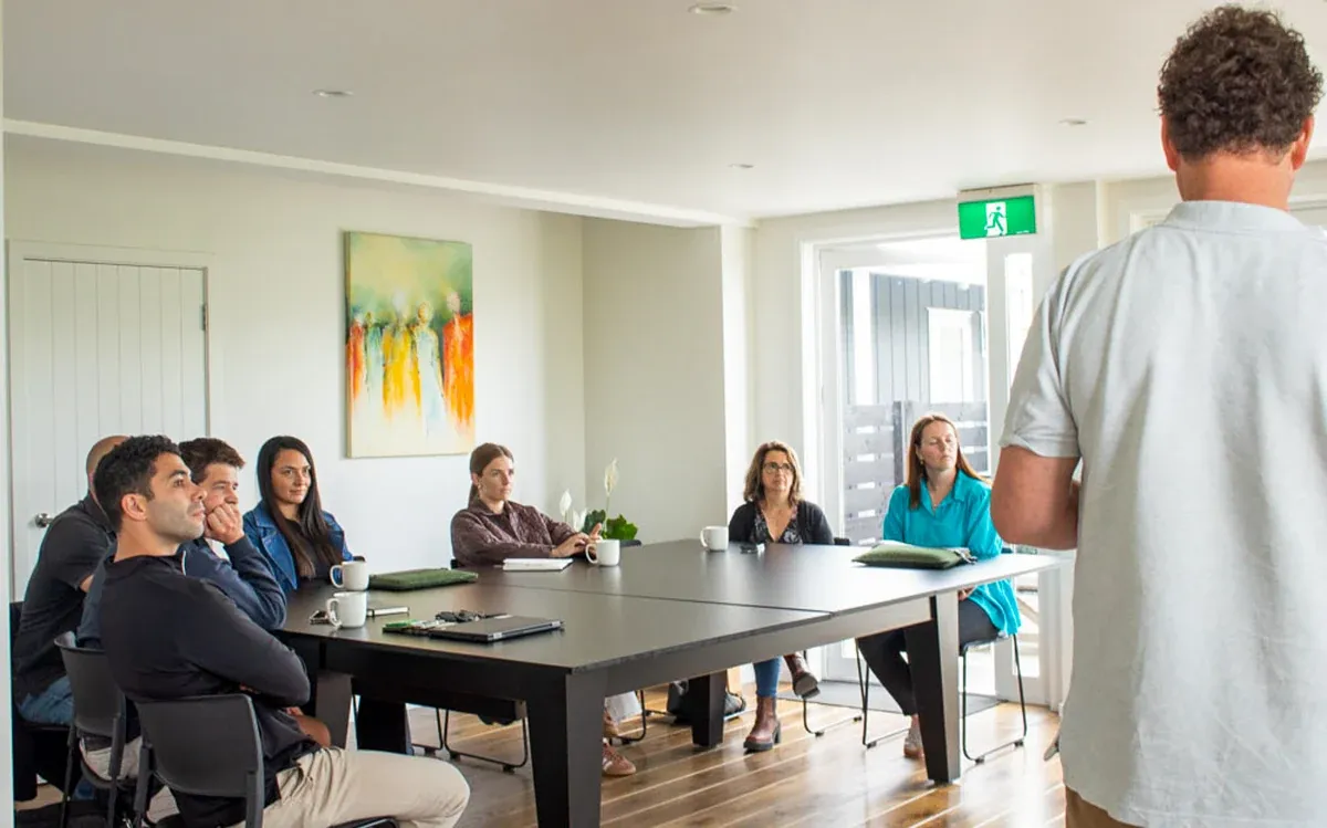 Corporate meeting in the dedicated meeting room at Lawn Road Retreat, Hawke's Bay